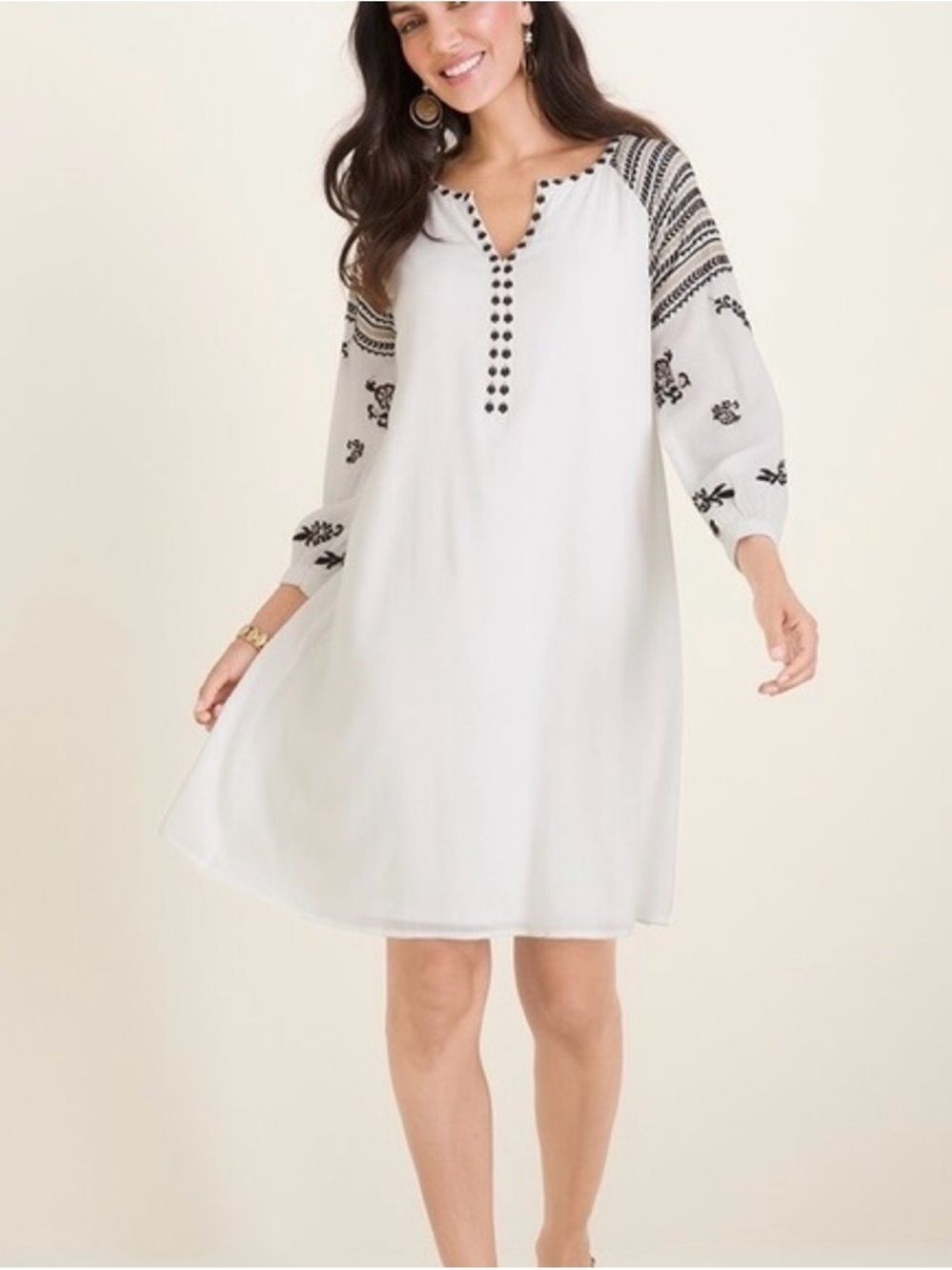 Chico's White A-Line Shift Boho Dress with Black & Tan Embroidery size 0/S